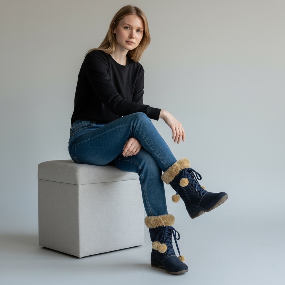 SPORTO - RICH BLUE SUEDE LACE UP FUR TOPPED  STURDY PLAYFUL‎ BOOTS - S8
